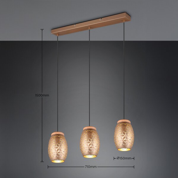 Reality Leuchten Lampă suspendată Bidar, lungime 71 cm, maro cafea, 3 lumini, metal, reglabil, Maro / Rugină, Camera de zi / sufragerie, Metal, Modern