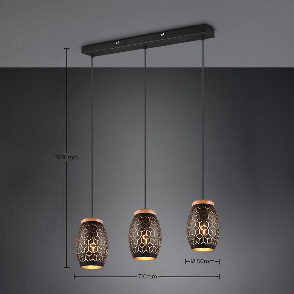 Reality Leuchten Lampă suspendată Bidar, lungime 71 cm, negru-auriu, 3 lumini, metal, reglabil, Negru, Camera de zi / sufragerie, Metal, Modern