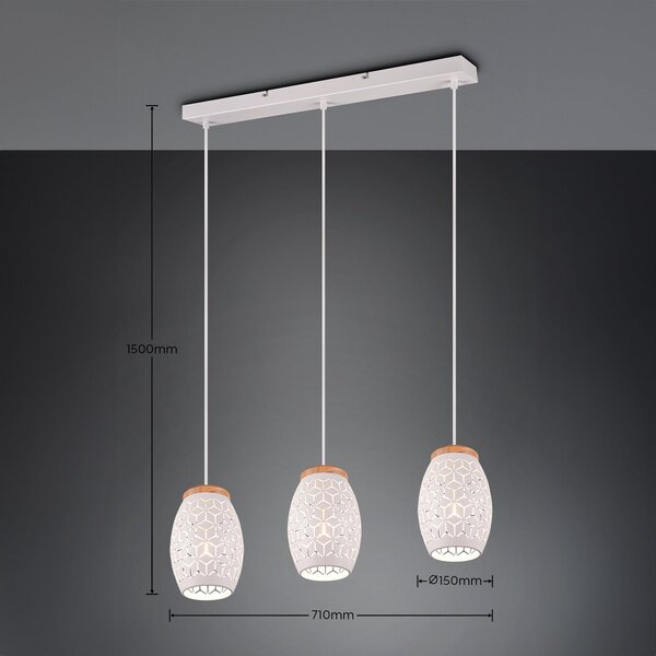 Reality Leuchten Lampă suspendată Bidar, lungime 71 cm, alb mat, 3 lumini, metal, reglabil, Alb, Camera de zi / sufragerie, Metal, Modern