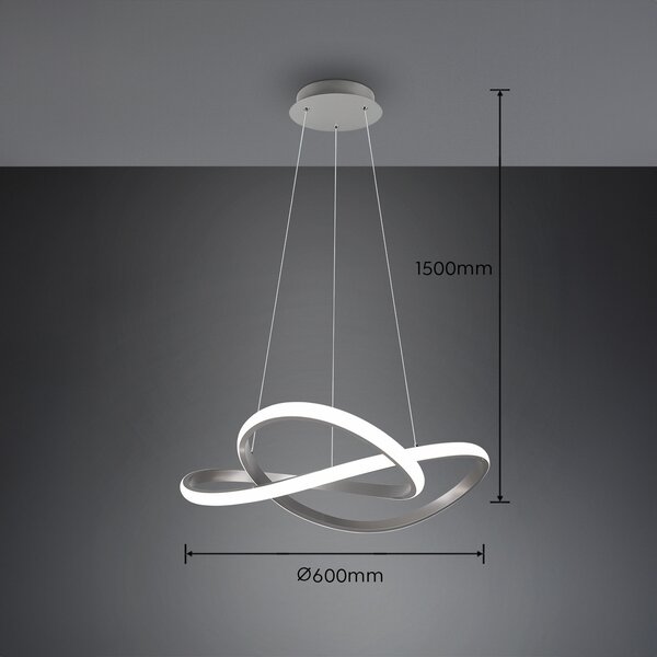 Reality Leuchten Lampă suspendată cu LED Course, nichel mat, 4.000 K, Ø 60 cm, metal, reglabil, Gri, Camera de zi / sufragerie, Metal, Modern