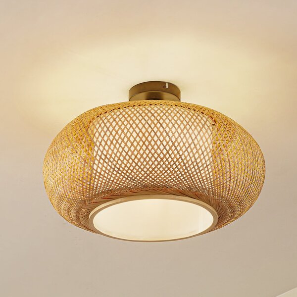 Lindby plafonieră Romaine, bambus, natural/alb, Ø 50 cm, reglabil, Lemn, Camera de zi / sufragerie, Bamboo, Casă de țară / Rustic