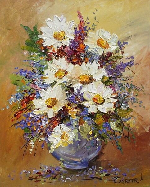 TABLOU PICTAT MANUAL BELU TATIANA - FLORAL - BT-39 50 X 40 cm