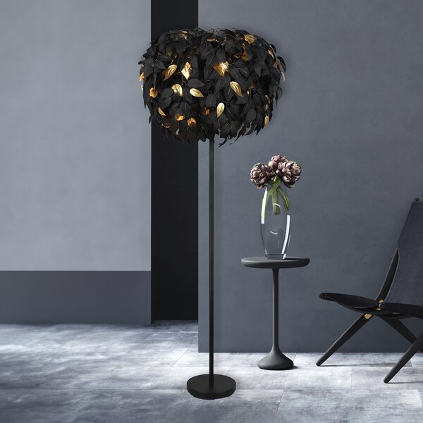 Reality Leuchten Lampă de podea Leavy, negru/auriu, înălțime 180 cm, plastic, Negru, Camera de zi / sufragerie, Plastic