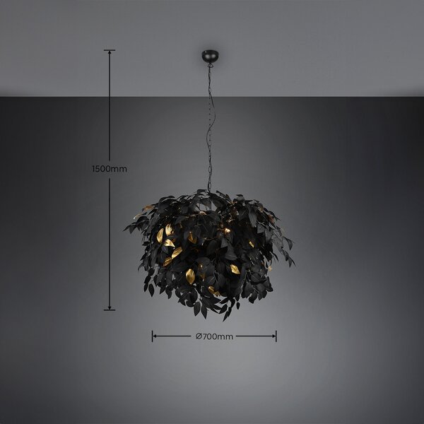 Reality Leuchten Lampă suspendată Leavy, negru/auriu, Ø 70 cm, plastic, reglabil, Negru, Camera de zi / sufragerie, Plastic