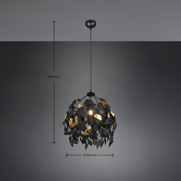 Reality Leuchten Lampă suspendată Leavy, negru/auriu, Ø 38 cm, plastic, reglabil, Negru, Camera de zi / sufragerie, Plastic