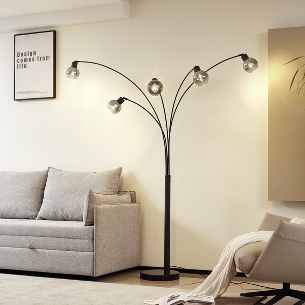 Lindby lampadar Braccio, gri/negru, sticlă, 5 becuri, 204.5cm, Gri, Camera de zi / sufragerie, Sticlă, Modern, Umbrelă în picioare