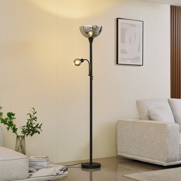 Lindby lampadar Nehemia, negru, sticlă, lumină de lectură, 185 cm, Gri, Camera de zi / sufragerie, Sticlă, Modern, Lumină de lectură
