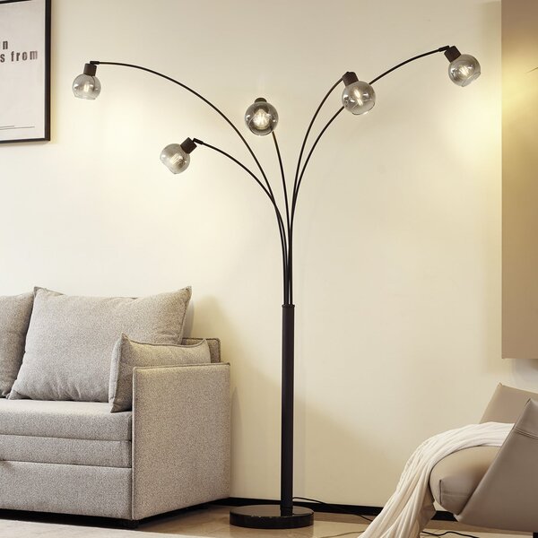 Lindby lampadar Braccio, gri/negru, sticlă, 5 becuri, 204.5cm, Gri, Camera de zi / sufragerie, Sticlă, Modern, Umbrelă în picioare