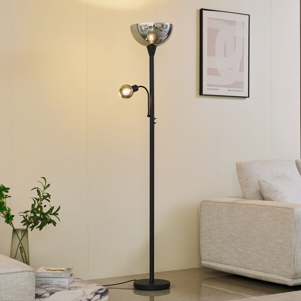 Lindby lampadar Nehemia, negru, sticlă, lumină de lectură, 185 cm, Gri, Camera de zi / sufragerie, Sticlă, Modern, Lumină de lectură