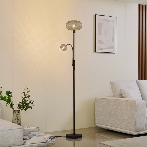 Lindby lampadar Aliette, negru/gri, sticlă, lumină de lectură, Gri, Camera de zi / sufragerie, Sticlă, Modern