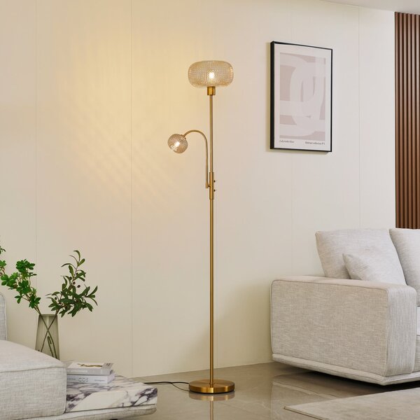Lindby lampadar Aliette, auriu/ambră, sticlă, lumină de lectură, Auriu / Alamă, Camera de zi / sufragerie, Sticlă, Modern