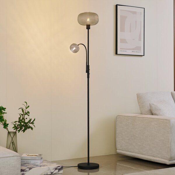 Lindby lampadar Aliette, negru/gri, sticlă, lumină de lectură, Gri, Camera de zi / sufragerie, Sticlă, Modern
