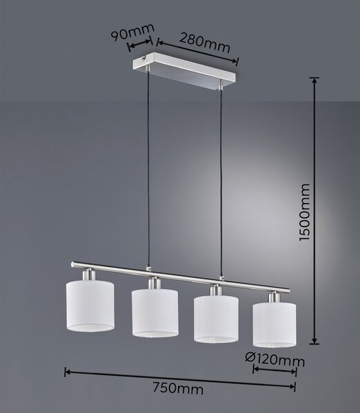 Reality Leuchten Lampă suspendată Tommy, nichel/alb, lungime 75 cm, 4 lumini, material, reglabil, Gri, Camera de zi / sufragerie, Metal, Modern