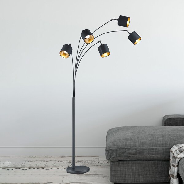Reality Leuchten Lampă de podea Tommy, negru/auriu, înălțime 200 cm, 5 lumini, material, Negru, Camera de zi / sufragerie, Metal, Modern