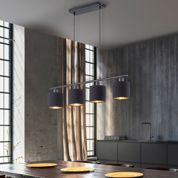 Reality Leuchten Lampă suspendată Tommy, negru/auriu, lungime 75 cm, 4 lumini, material, reglabil, Negru, Camera de zi / sufragerie, Metal, Modern