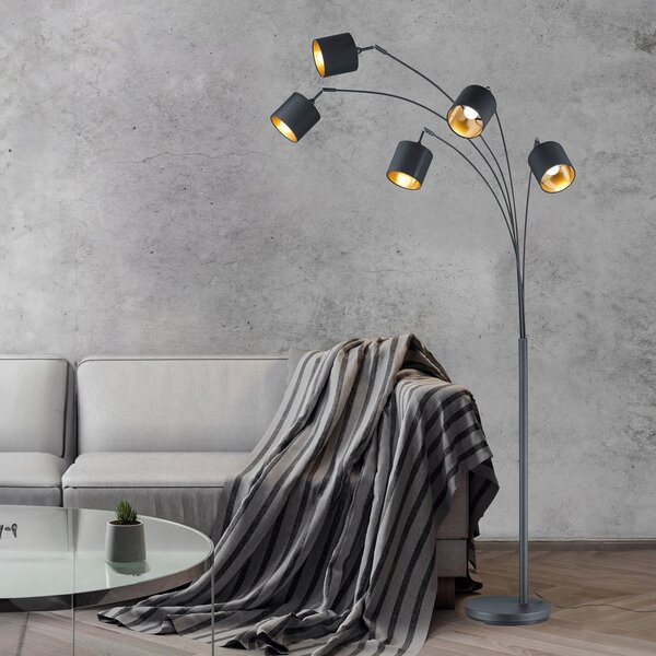 Reality Leuchten Lampă de podea Tommy, negru/auriu, înălțime 200 cm, 5 lumini, material, Negru, Camera de zi / sufragerie, Metal, Modern