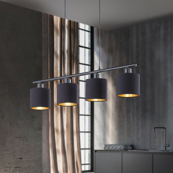 Reality Leuchten Lampă suspendată Tommy, negru/auriu, lungime 75 cm, 4 lumini, material, reglabil, Negru, Camera de zi / sufragerie, Metal, Modern