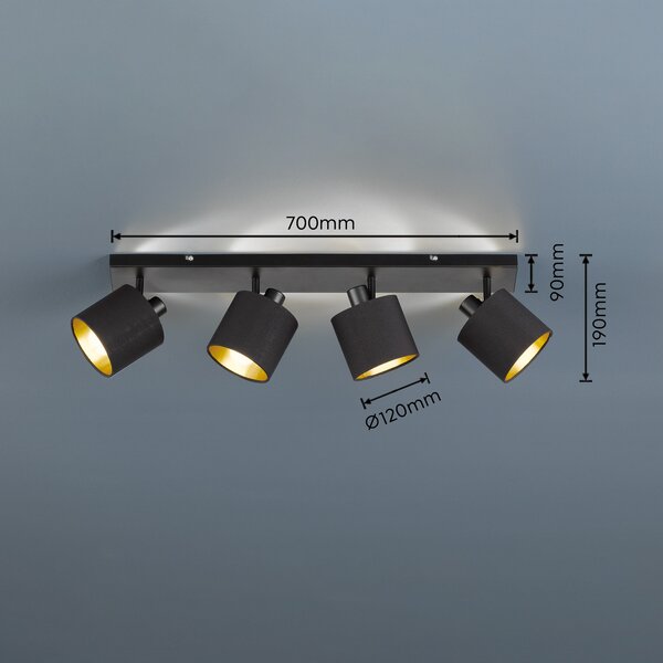 Reality Leuchten Spot de plafon Tommy, negru/auriu, lungime 70 cm, 4 lumini., reglabil, Negru, Camera de zi / sufragerie, Metal, Modern