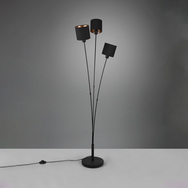 Reality Leuchten Lampă de podea Tommy, negru/auriu, înălțime 150 cm, cu 3 lumini din, Negru, Camera de zi / sufragerie, Metal, Modern