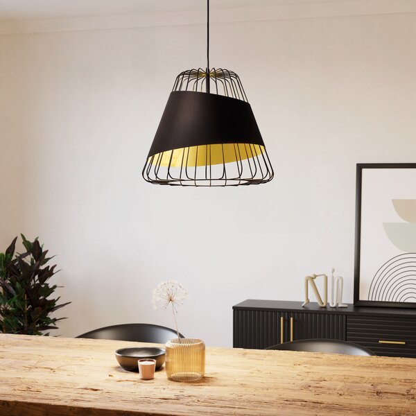 EGLO Lampă suspendată Austell, Ø 43 cm, negru/auriu, metal, material textil, reglabil, Negru, Camera de zi / sufragerie, Metal, Modern