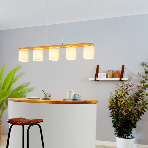 EGLO Castralvo lampă suspendată, lungime 115 cm, lemn/alb, 5 lumini, material, reglabil, Lemn, Camera de zi / sufragerie, Țesătură / Textil, Modern