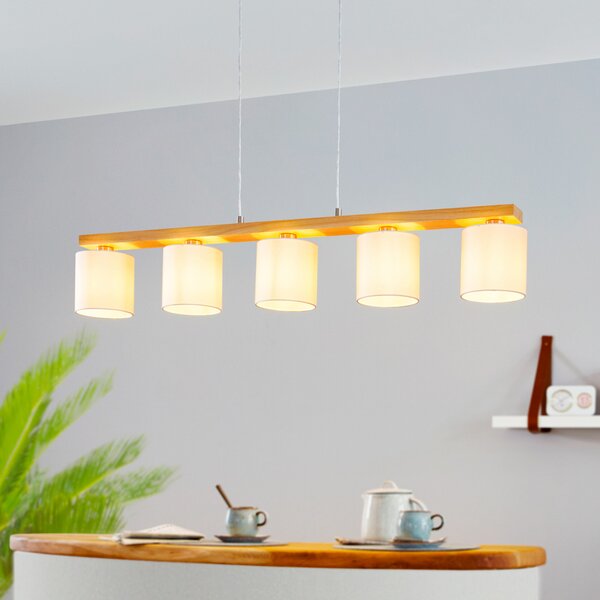 EGLO Castralvo lampă suspendată, lungime 115 cm, lemn/alb, 5 lumini, material, reglabil, Lemn, Camera de zi / sufragerie, Țesătură / Textil, Modern