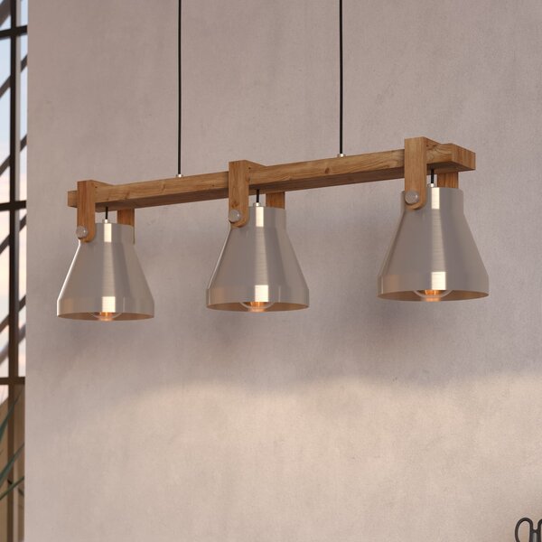 EGLO Lampă suspendată Cawton, lungime 76 cm, oțel/maro, 3 lumini, oțel, reglabil, Lemn, Camera de zi / sufragerie, Lemn, Design industrial