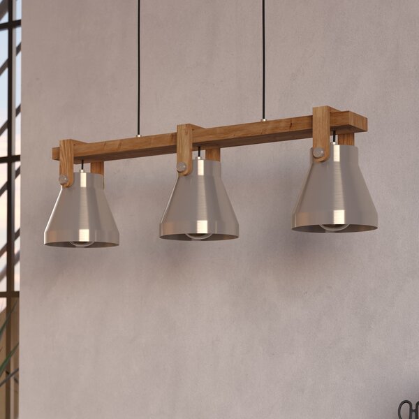 EGLO Lampă suspendată Cawton, lungime 76 cm, oțel/maro, 3 lumini, oțel, reglabil, Lemn, Camera de zi / sufragerie, Lemn, Design industrial