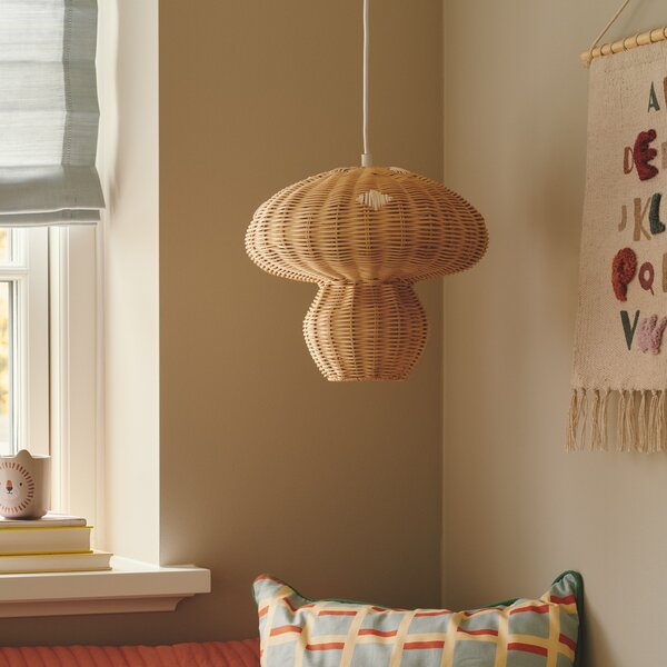 Nordlux Lampă suspendată Allie, rattan, formă de ciupercă, maro natural, reglabil, Lemn, Camera de zi / sufragerie, Lemn