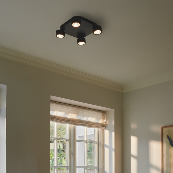 Nordlux Plafonieră cu LED Clyde, patru lumini, pătrată, neagră, reglabil, Negru, Camera de zi / sufragerie, Metal, Plafon cu flacără multiplă