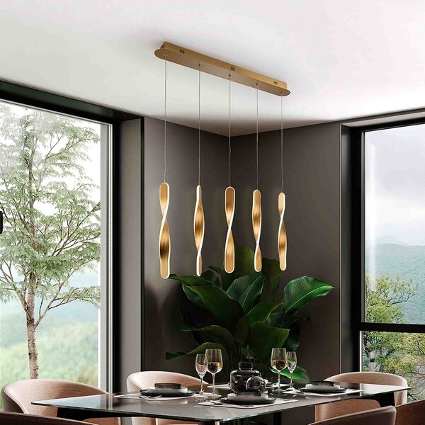 Schuller Valencia Lampă suspendată cu LED Twist, 5-fl. Aluminiu, metal, acrilic, culoare, reglabil, Auriu / Alamă, Camera de zi / sufragerie, Metal