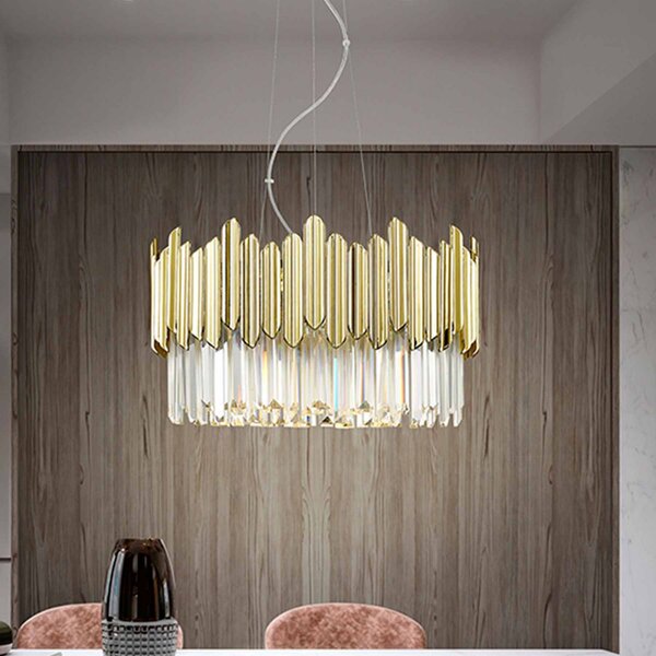 Schuller Valencia Lampă suspendată Tiara, rotundă, sticlă fațetată, crom/aur, Auriu / Alamă, Camera de zi / sufragerie, Metal
