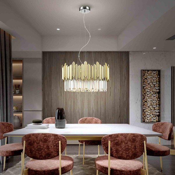 Schuller Valencia Lampă suspendată Tiara, rotundă, sticlă fațetată, crom/aur, Auriu / Alamă, Camera de zi / sufragerie, Metal