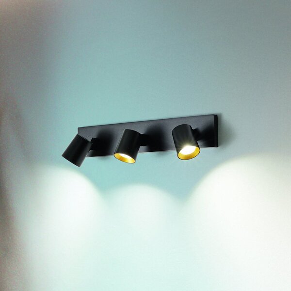 Fabas Luce Spot Modo, 3 flăcări, negru, inele decorative, GU10, aluminiu, Negru, Hol, Aluminiu, Modern