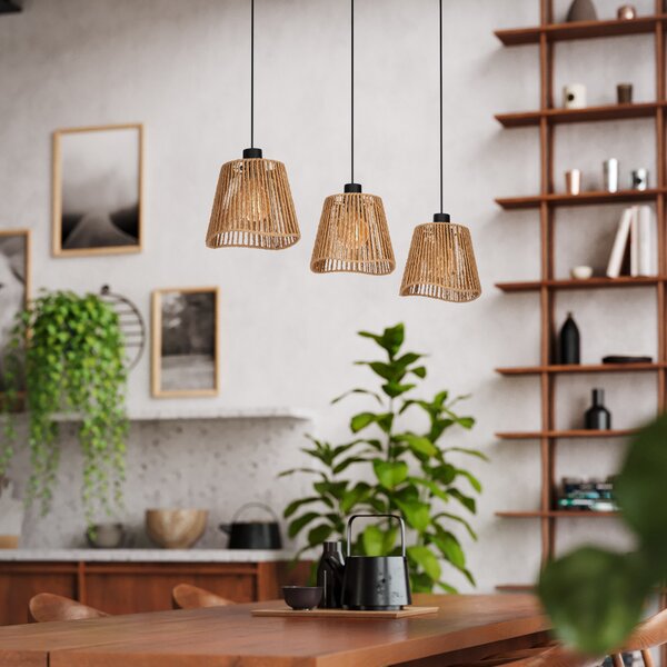 EGLO Lampă suspendată Lavister, negru/natural, 3 lumini, hârtie, reglabil, Bej, Camera de zi / sufragerie, Hârtie / Carton, Modern