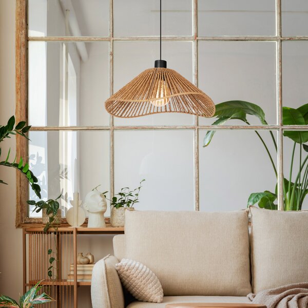 EGLO Lampă suspendată Lavister, Ø 39 cm, negru/natur, hârtie, reglabil, Bej, Camera de zi / sufragerie, Hârtie / Carton, Modern
