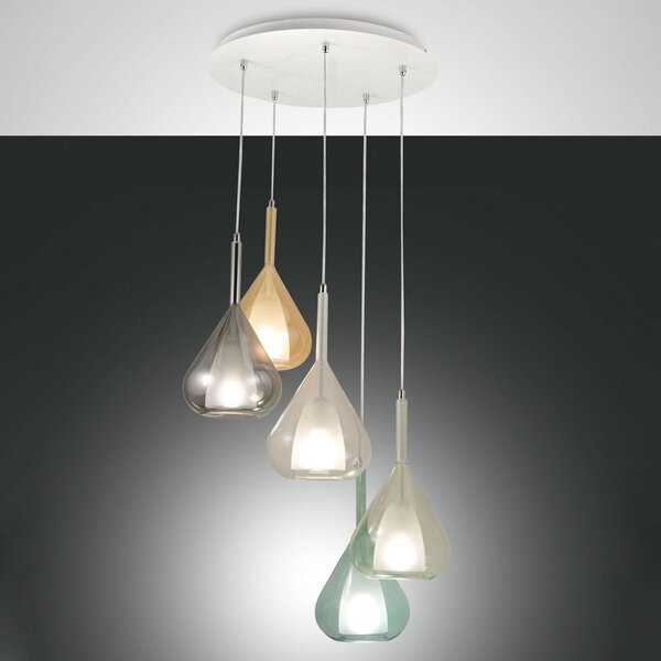 Fabas Luce Lampă suspendată violet, 5 lumini, gri fumuriu/ambar/clear/green/blue, reglabil, Multicolor, Camera de zi / sufragerie, Sticlă, Modern