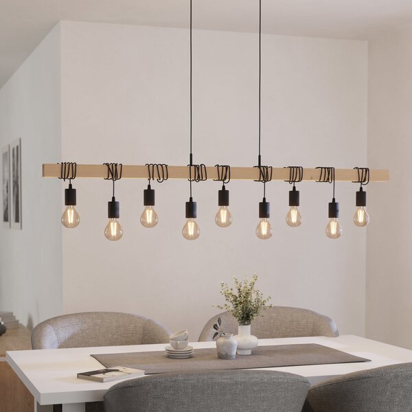 EGLO Lampadar Townshend, lungime 150 cm, negru/lemn, 9 lumini., reglabil, Negru, Camera de zi / sufragerie, Metal, Vintage