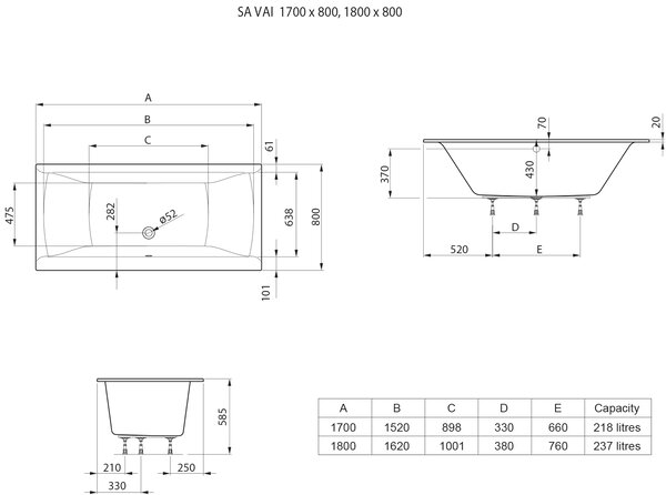 Roca Savai cada dreptunghiulară 170x80 cm alb A248590000
