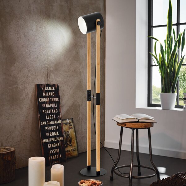 EGLO Lampă de podea Hornwood, înălțime 140 cm, negru/maro, oțel, Negru, Camera de zi / sufragerie, Metal, Modern