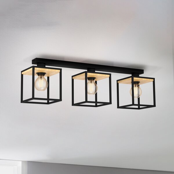 EGLO Plafonieră Libertad, lungime 86 cm, negru/lemn 3 lumini., reglabil, Negru, Camera de zi / sufragerie, Metal, Modern