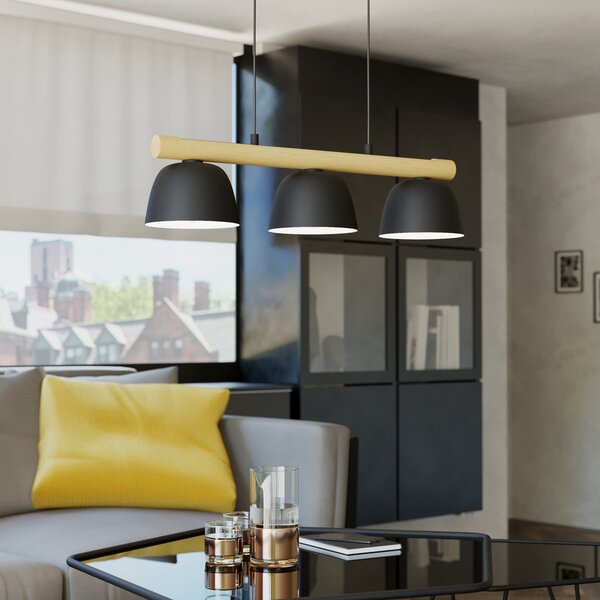 EGLO Suspensie Sherburn, lungime 77 cm, negru/maro, 3 lumini., reglabil, Negru, Camera de zi / sufragerie, Lemn, Modern