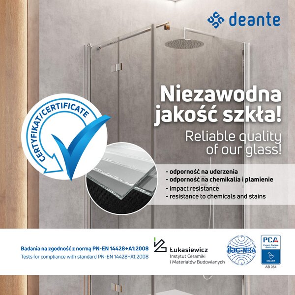 Deante Alpinia, paravan de baie 115x140 cm cu 1 aripă pivotant (85 cm pivotant, 30 cm fix), sticlă transparentă cu EasyClean, profil cromat, KGA_072P