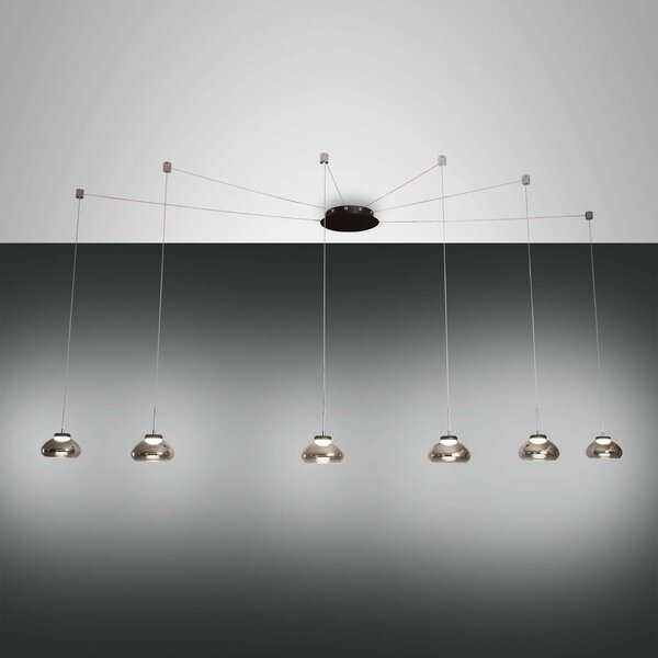 Fabas Luce Arabella LED lampă suspendată, gri fum, 6 lumini, descentralizată, reglabil, Gri, Camera de zi / sufragerie, Sticlă, Modern