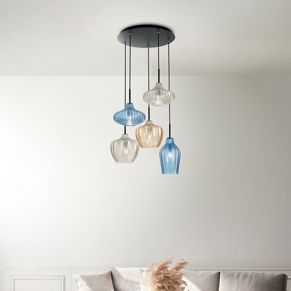 Fabas Luce Lampă suspendată Olbia, Ø 50 cm, 5 lumini, chihlimbar/albastru/bej, sticlă, reglabil, Multicolor, Camera de zi / sufragerie, Sticlă, Modern
