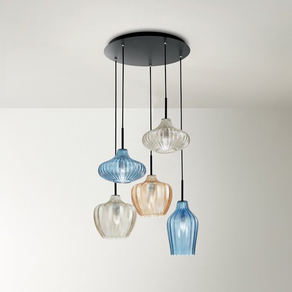 Fabas Luce Lampă suspendată Olbia, Ø 50 cm, 5 lumini, chihlimbar/albastru/bej, sticlă, reglabil, Multicolor, Camera de zi / sufragerie, Sticlă, Modern
