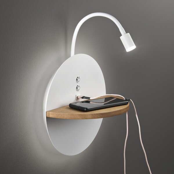 Fabas Luce LED lumină de lectură Dual, iluminare din spate, lemn, raft, dimabil, reglabil, Alb, dormitor, Metal, Modern