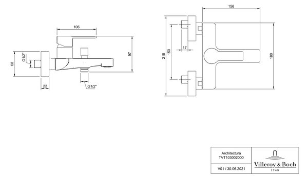 Villeroy & Boch Architectura baterie cadă-duș perete crom TVT10300200061