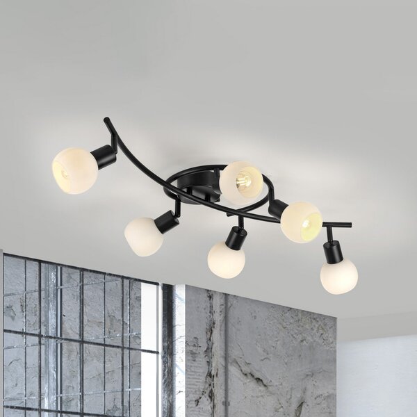 JUST LIGHT. GmbH Plafonieră Loki, 6 lumini, negru, fier, sticlă, Negru, Camera de zi / sufragerie, Metal