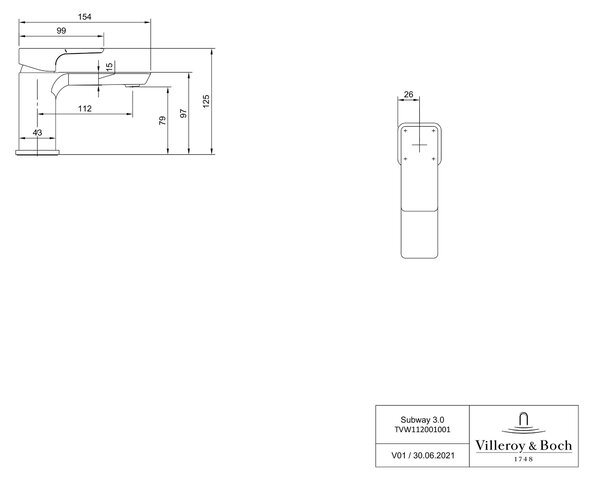 Villeroy & Boch Subway 3.0 baterie lavoar stativ crom TVW11200100161